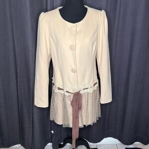 A’REVE Victorian cream button front peplum lace & ribbon pea coat Size Large